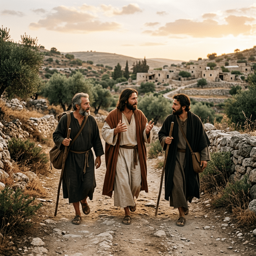 Three biblical men in robes walking on a rocky path with staffs