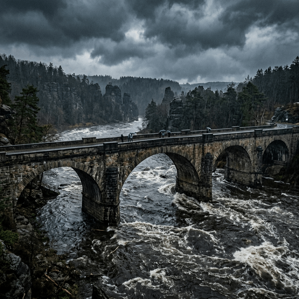 Stone arch bridge over turbulent river with people walking and forested rocky cliffs