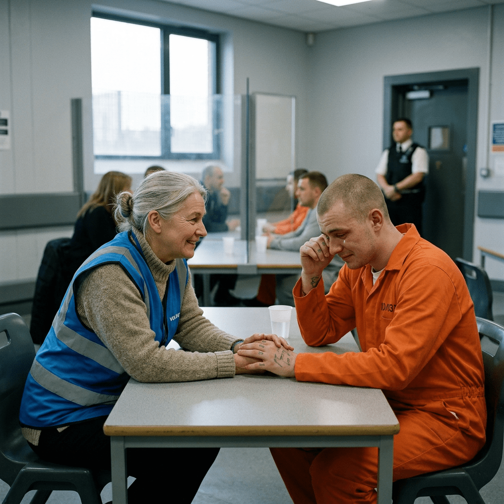 Volunteer comforting an emotional male inmate in prison orange uniform