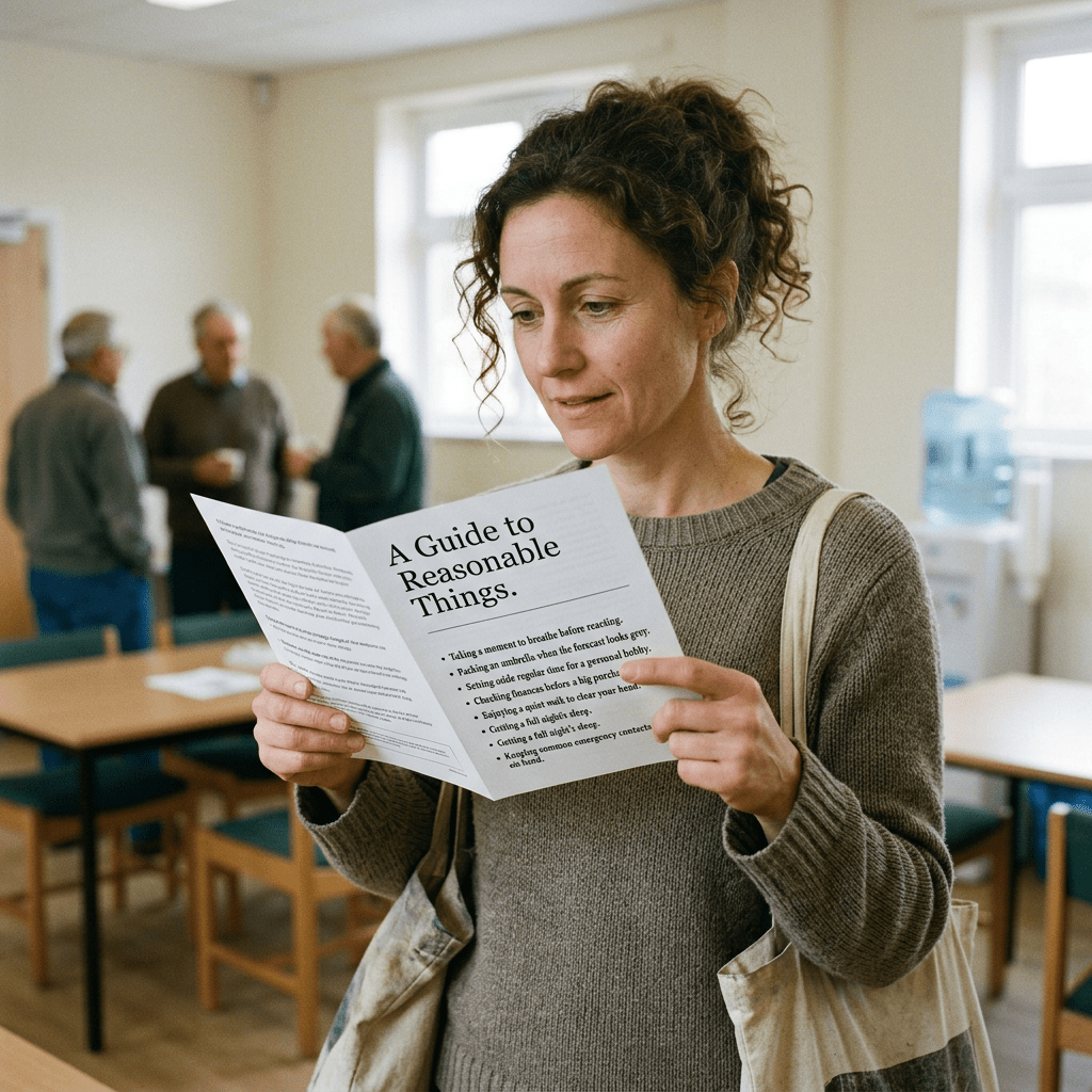 Woman reading a pamphlet titled 'A Guide to Reasonable Things' indoors
