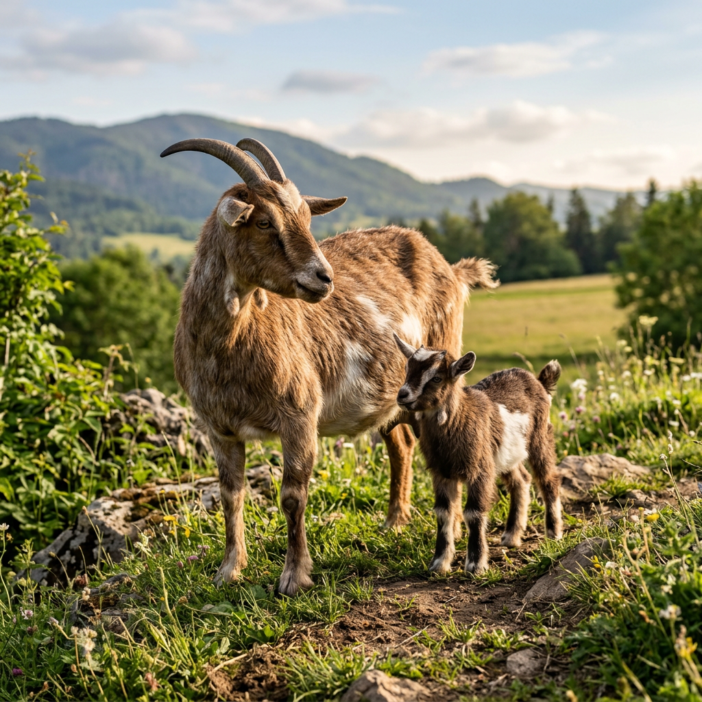 Mother goat with curved horns standing beside her young kid in a grassy field