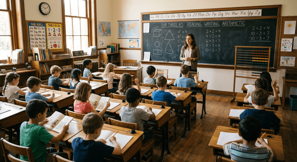 Elementary students seated at desks learning math from a teacher at the blackboard
