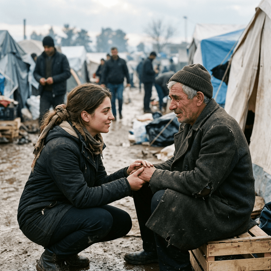 Young woman kneeling and holding hands with elderly man sitting on crate in a refugee camp with tents and people in background