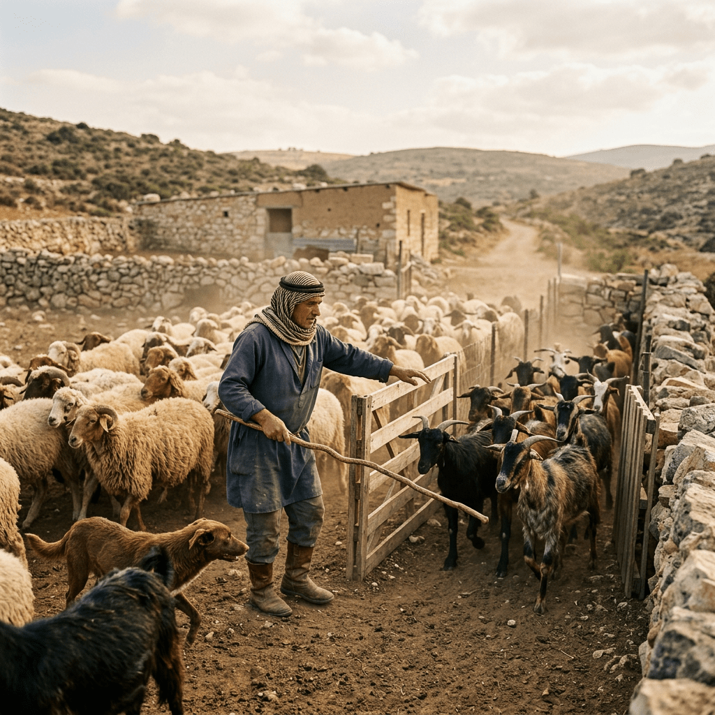 Shepherd managing sheep and goats in a stone-walled pen with dogs.