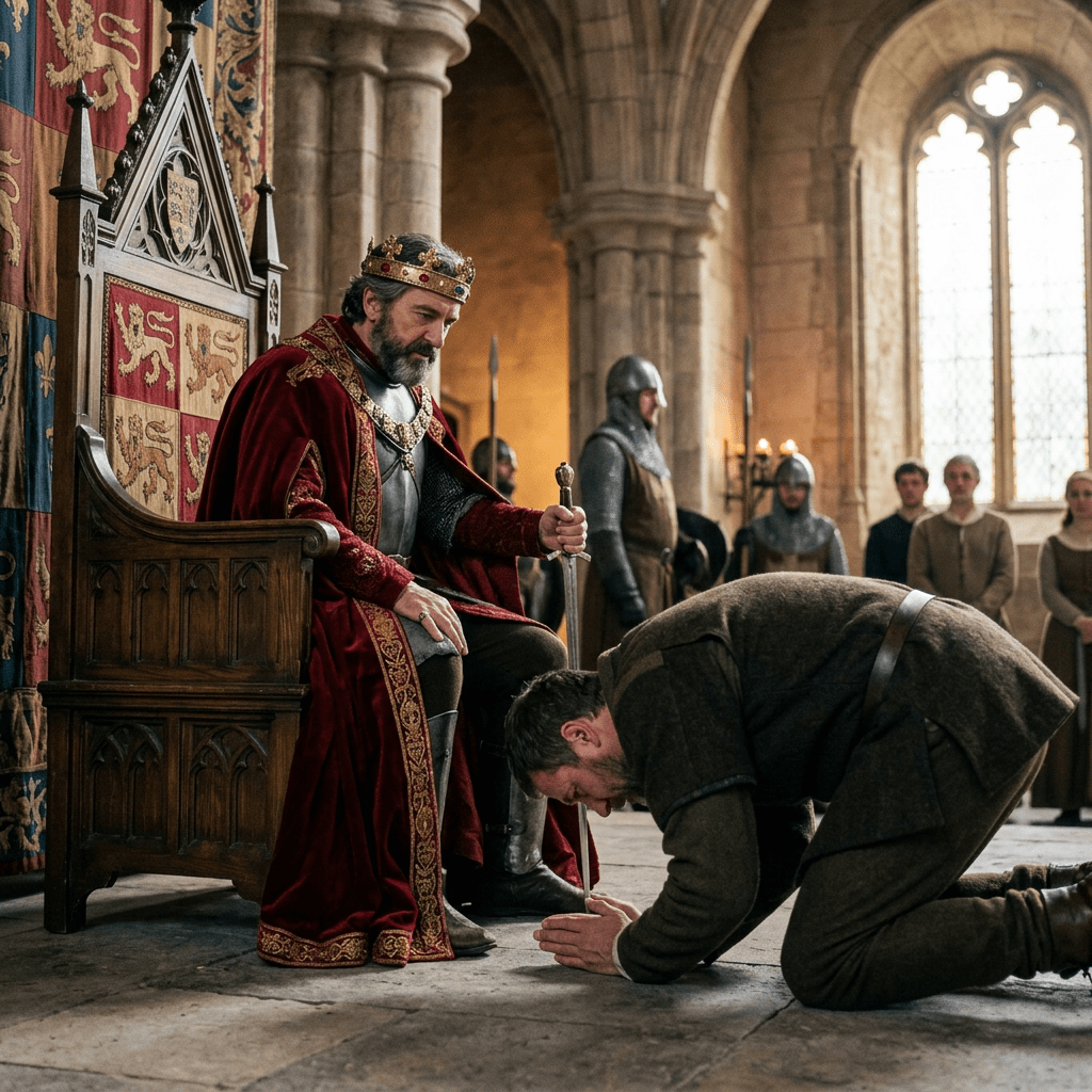 A king in red robes and crown seated on a throne knighting a man bowing with his head down