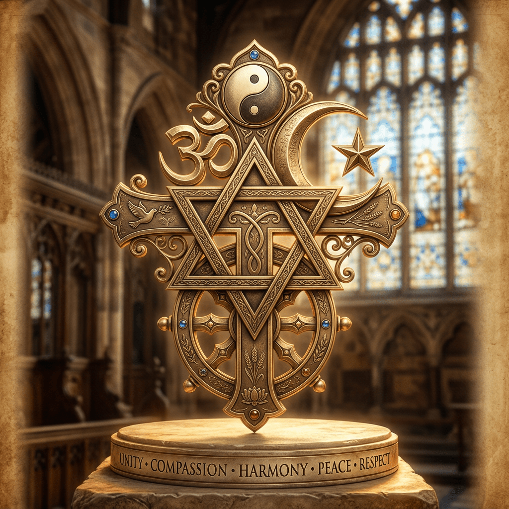 Golden sculpture featuring symbols of major world religions including Christianity, Judaism, Islam, Hinduism, and Taoism with inscription about unity and peace