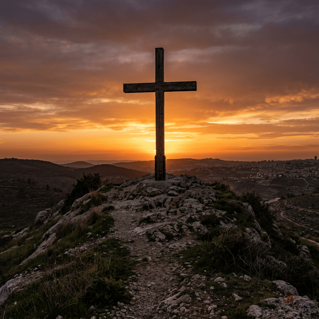 Wooden cross on rocky hilltop with sunset sky