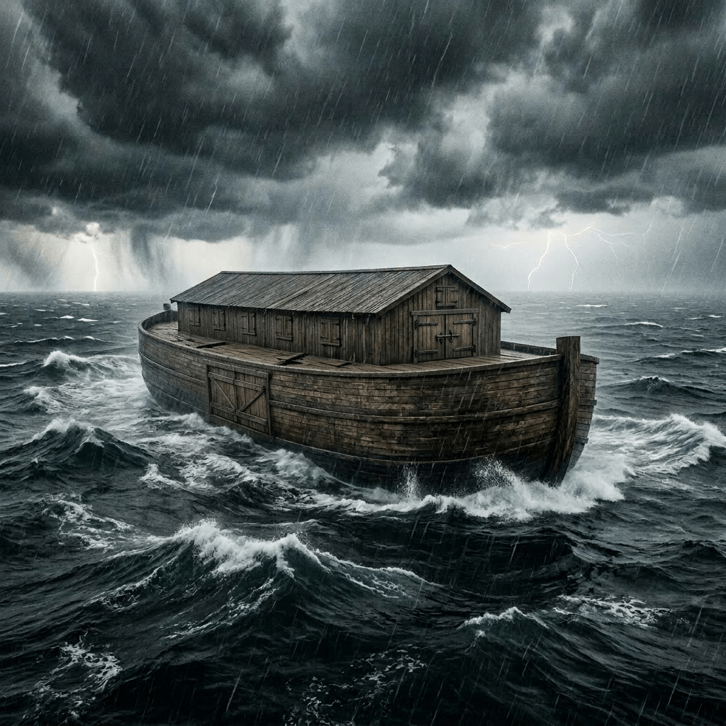 Wooden ark on turbulent sea with animals and stormy sky