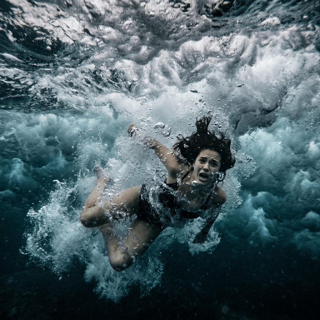 Woman underwater with turbulent ocean waves and bubbles around her