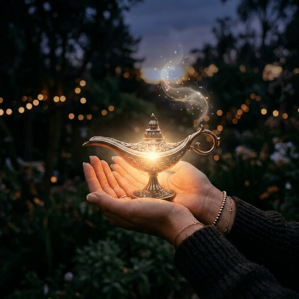 Hands holding a glowing orb with the word 'wish' surrounded by sparkling light