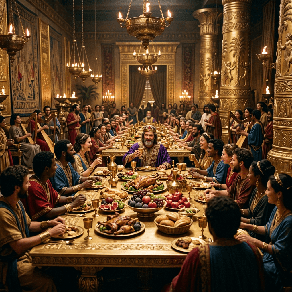 King surrounded by guests at an ancient royal banquet feast