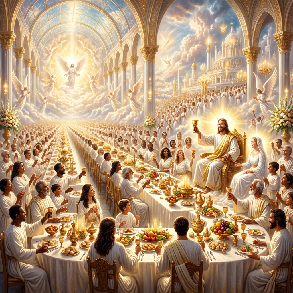 Jesus raising a golden chalice at a large banquet table with many people in white robes and angels above