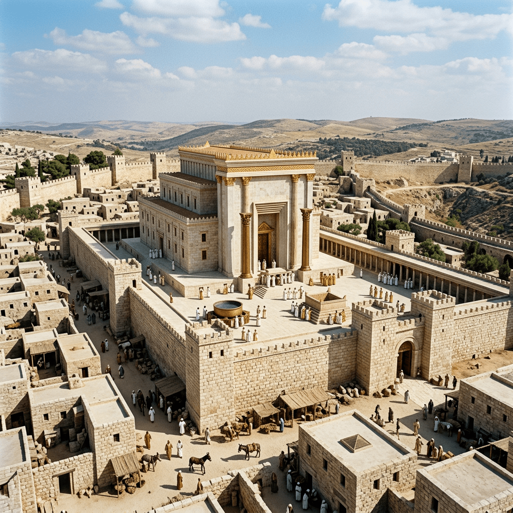 Reconstruction of ancient Jerusalem Temple surrounded by city walls and people