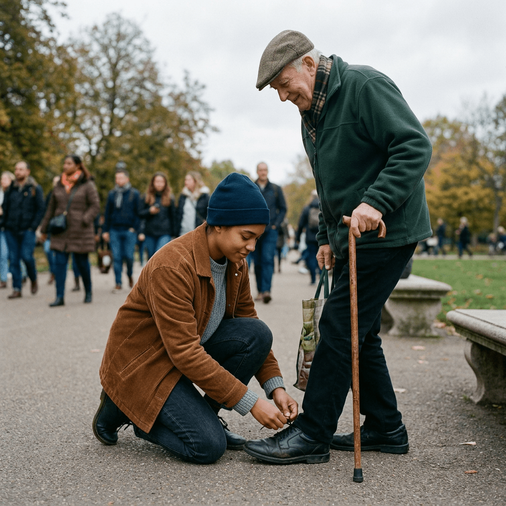 Young person tying shoe of elderly man standing with cane in park