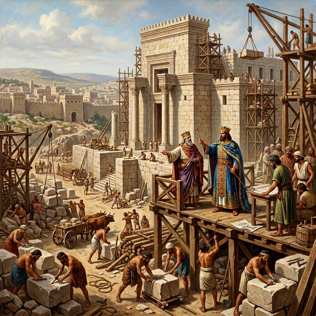 Ancient palace construction under royal supervision Crowned rulers oversee workers building a monumental ancient stone palace
