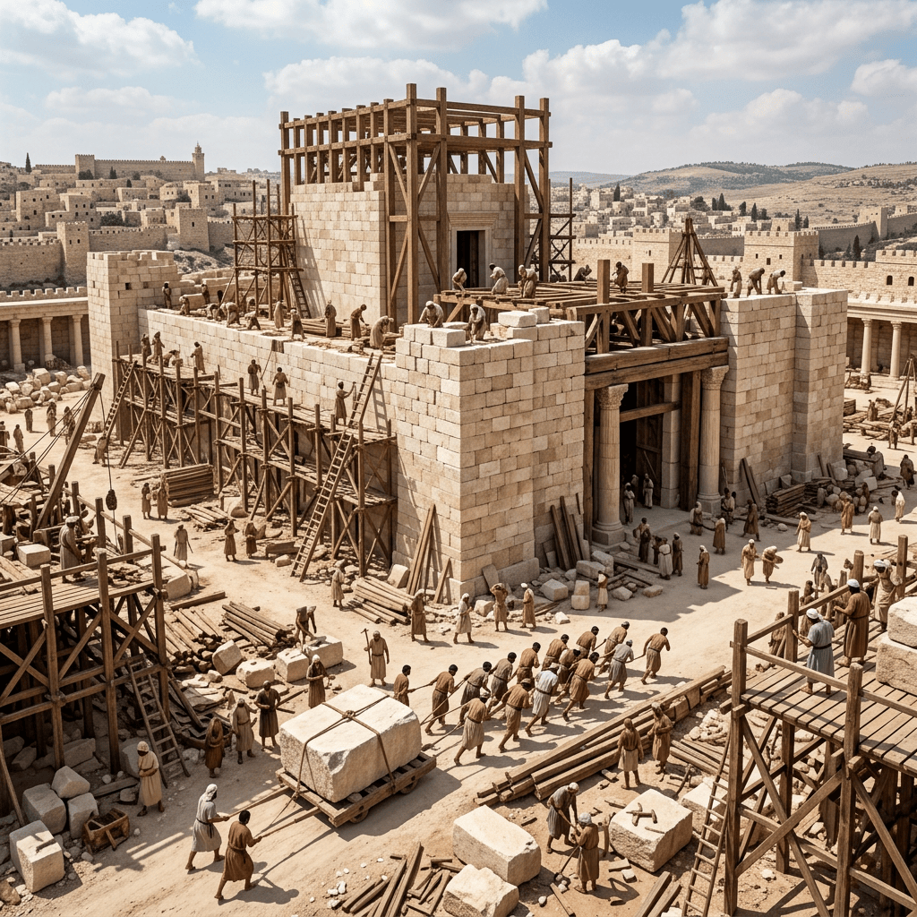 Workers constructing a monumental stone gate with timber scaffolding