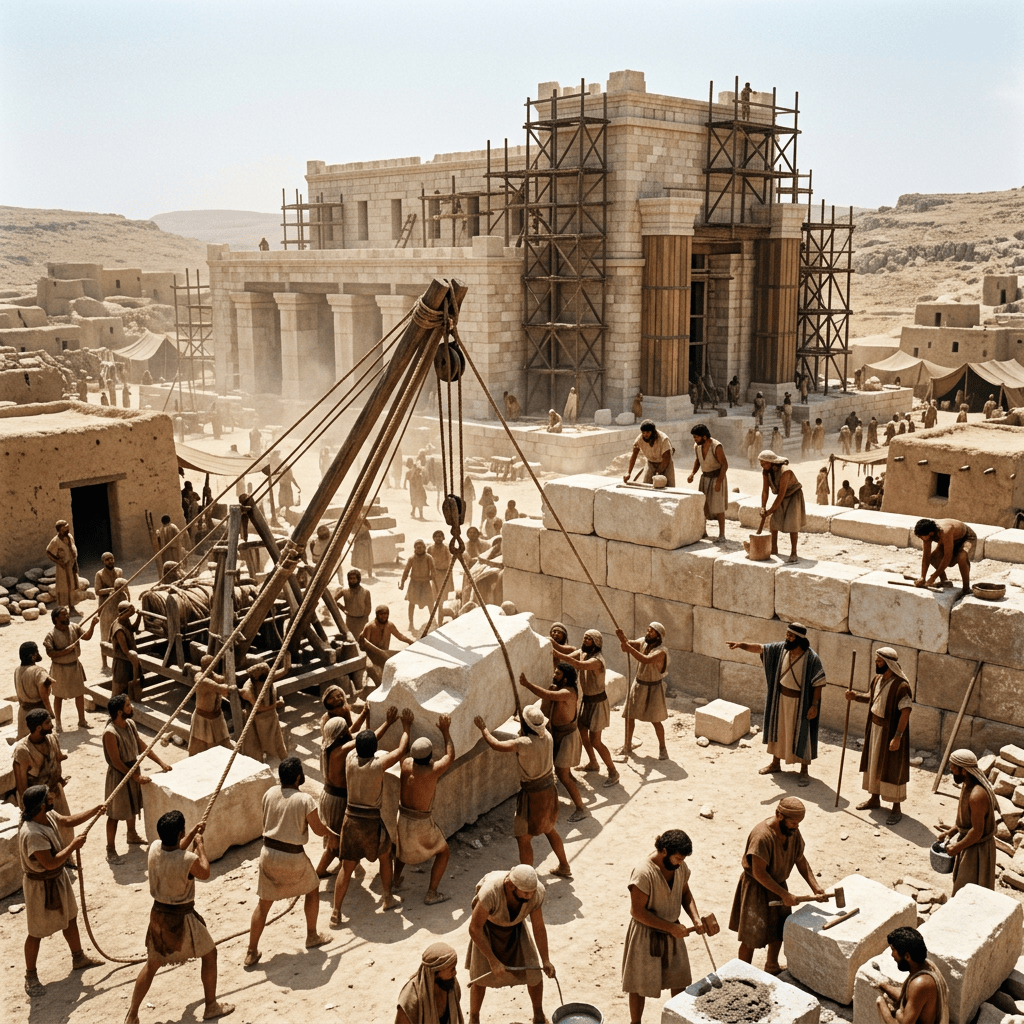 Ancient workers constructing a stone temple with scaffolding and lifting equipment