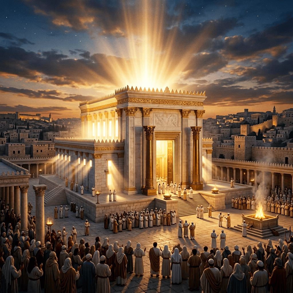 Crowd gathered before an ornate ancient temple during a firelit ceremony